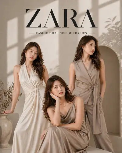 Zara-style luxury fashion poster with three model poses