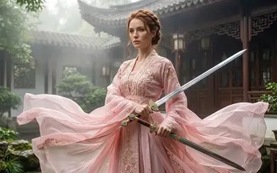 Cinematic Photo: European Warrior in Chinese Dress
