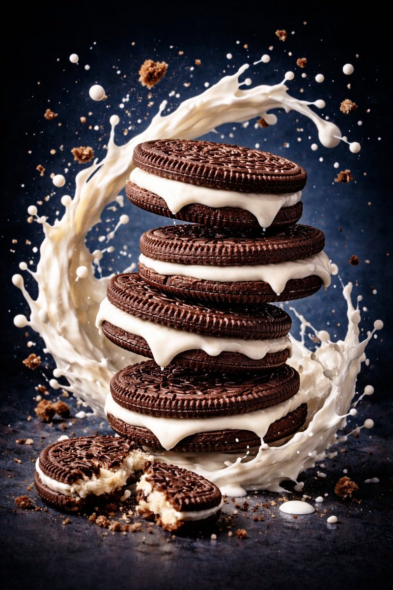 Biscuits frozen mid-splash in milk, luxury ad template