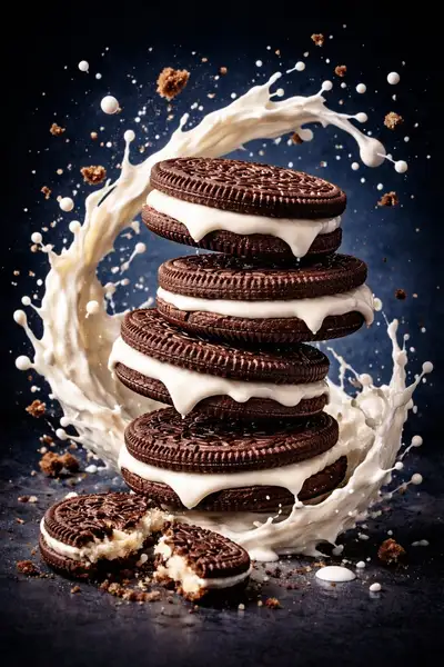 Biscuits frozen mid-splash in milk, luxury ad template
