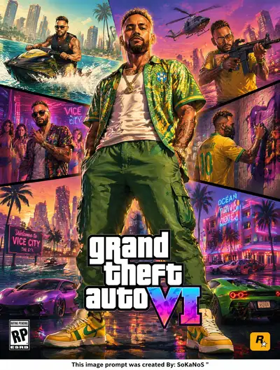 GTA VI style stylized game poster of a character in a neon coastal city