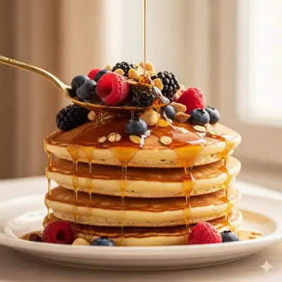 Luxury pancake stack food commercial with syrup drizzle