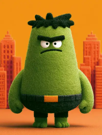 Rounded felt-textured caricature of the Hulk
