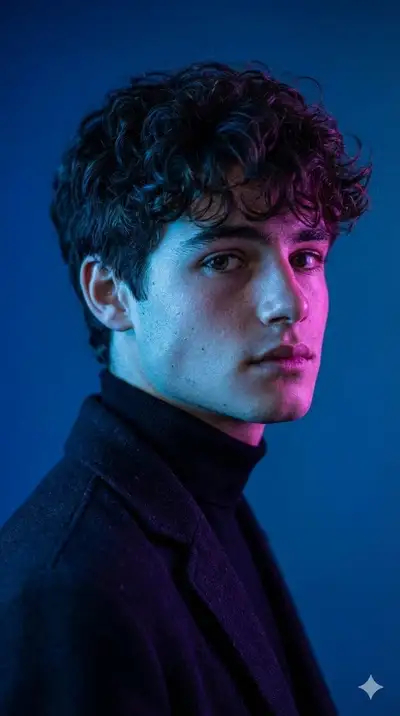Cinematic portrait lit by contrasting blue and magenta