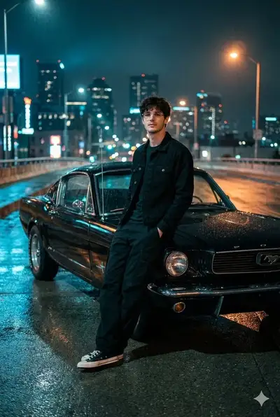 Night urban overpass portrait with a classic Mustang