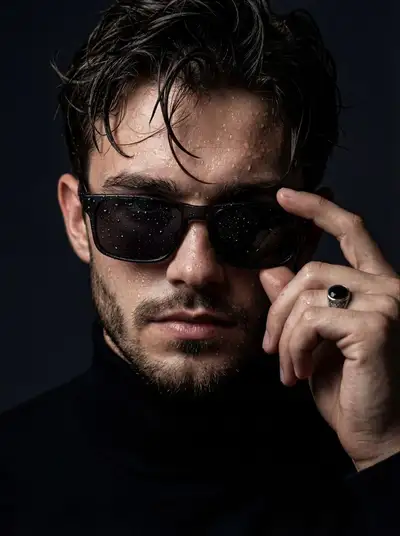 Wet-skin cinematic close-up portrait with sunglasses