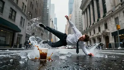 Bullet-time frozen moment of a businessman slipping