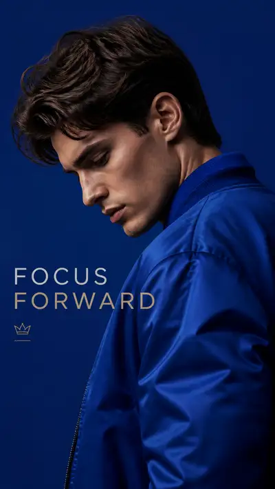 Royal blue bomber jacket side-profile editorial portrait