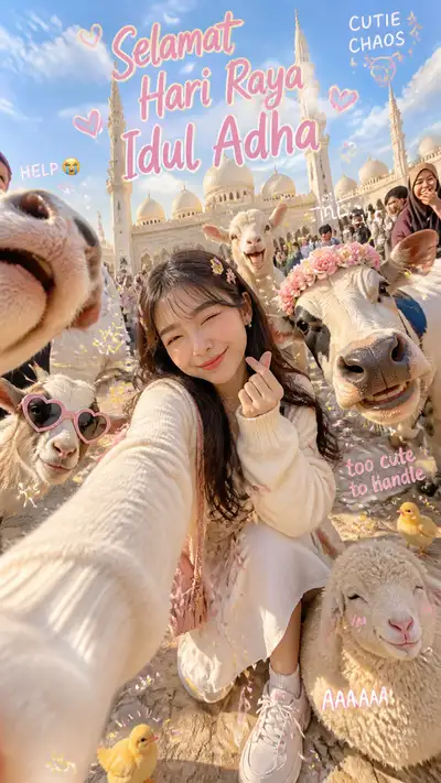 Chaotic Eid Selfie with Cute Farm Animals Prompt