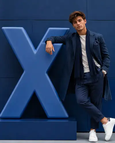 Uma fotografia editorial hiper-realista de um homem elegante interagindo com confiança
