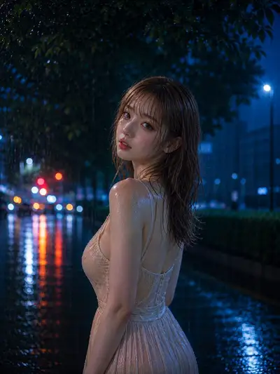 Retrato de Noite Chuvosa: Mulher de Vestido Champanhe Virando-se