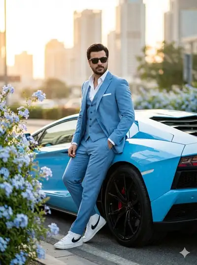 Foto de moda de cuerpo entero de un hombre apoyado en un Lamborghini al atardecer