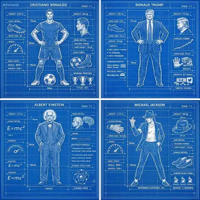 Technical blueprint-style illustration of a character on a grid