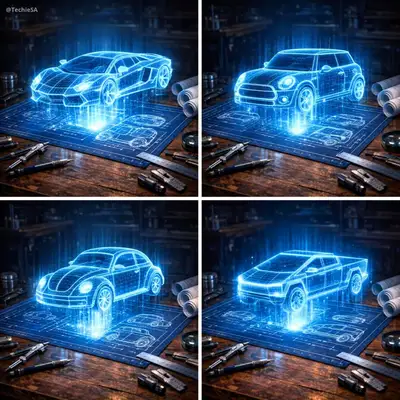 Car dissolving into a glowing holographic blueprint wireframe