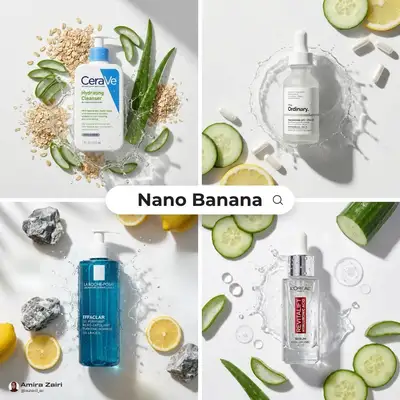 Top-down skincare product flat lay with water splash macro