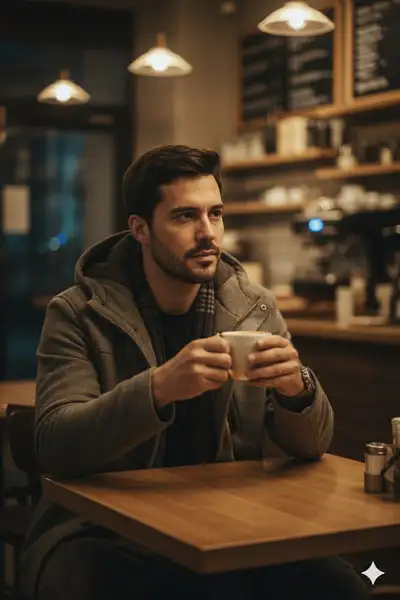 Portrait cinématographique d'un homme avec un café dans un café