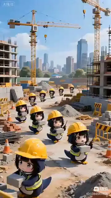 Cute Chibi Penguin Construction Workers at Building Site