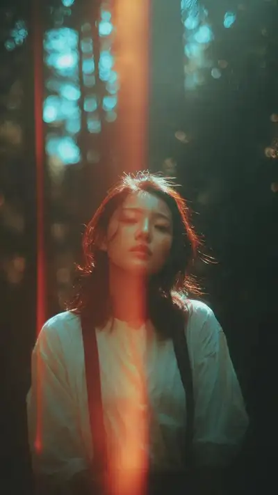 Cinematic forest portrait with a vertical light leak and film grain