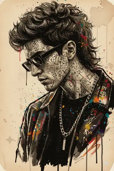 Portrait expressif à l'encre avec superposition de texte cryptique
