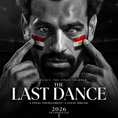 Black and white FIFA World Cup poster with Egyptian flag face paint
