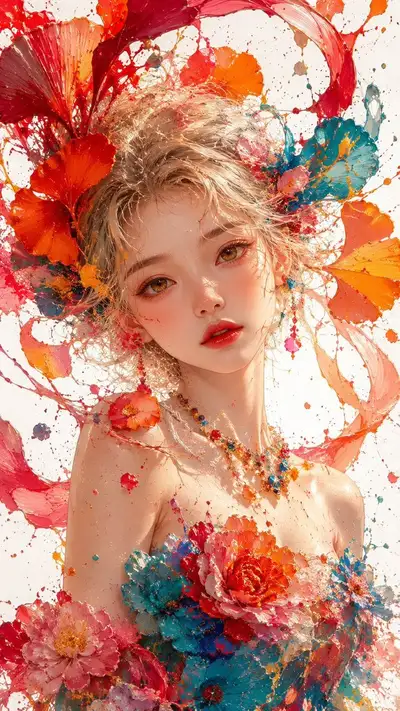 Impasto oil painting portrait with floral paint splashes