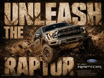 Ford F-150 Raptor cinematic poster with oversized typography
