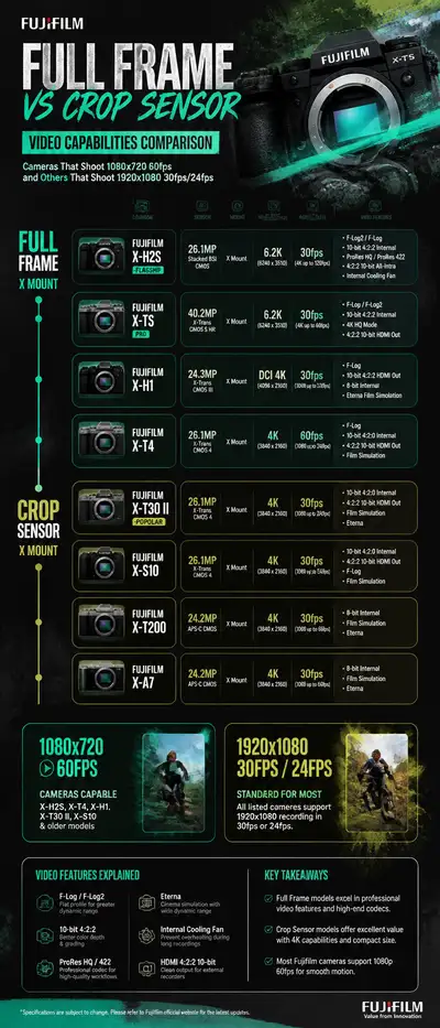 Timeline infographic comparing Fujifilm camera video specs