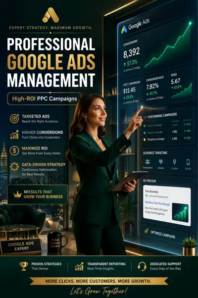 Vertical ad for a Google Ads expert with holographic PPC dashboard