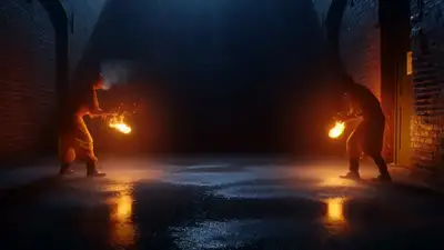 Firebenders Duel in Rainy Alley