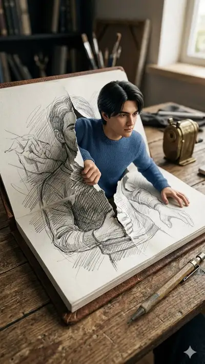 Surrealist Man Climbing Out of Sketchbook