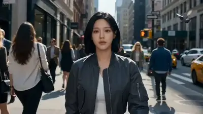 Bob-haircut woman walking through a downtown street