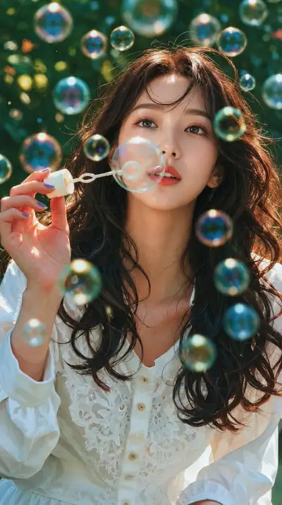 Cinematic garden portrait blowing soap bubbles