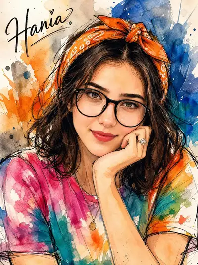 钢笔和水彩时尚素描：戴头巾的女性