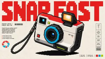 Pixelart-Produktspezifikations-Poster auf gealtertem Papierhintergrund