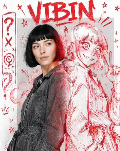 Fashion editorial portrait with red sketch illustration overlay