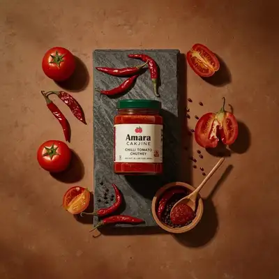 Top-down chili tomato chutney jar food photography