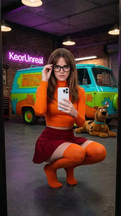 Velma Cosplay Mirror Selfie in Garage