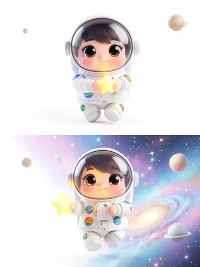 Render de personaje adorable de astronauta chibi en 3D