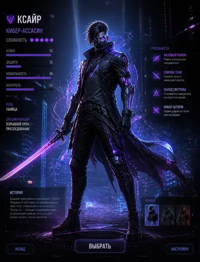 Cyberpunk assassin MOBA hero screen looping animation prompt