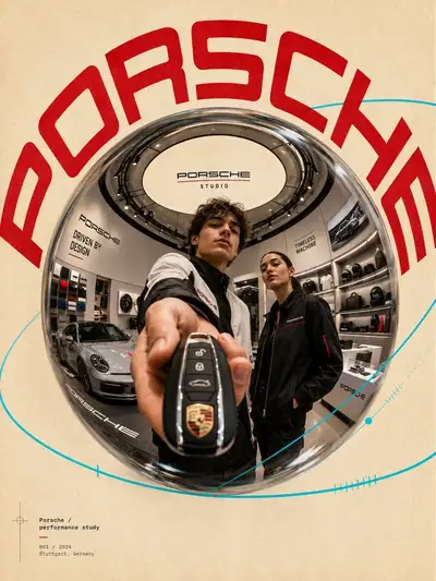 Futuristic Brand Campaign Poster with Fisheye Flagship Store Scene