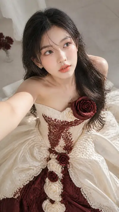 High-Angle Selfie Portrait in a Gothic-Inspired Bridal Ballgown