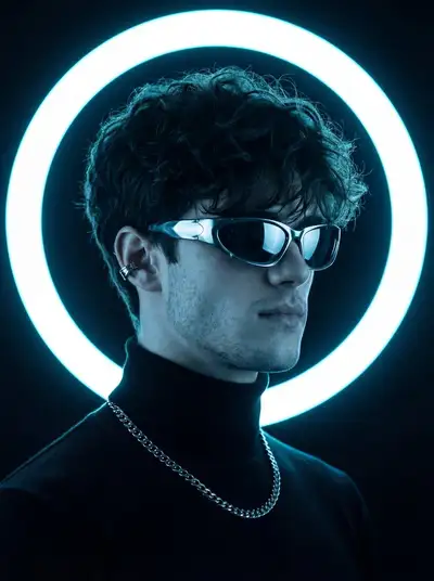 Futuristic studio portrait with a neon halo backlight