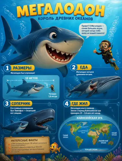 Pixar-style educational poster of smiling Megalodon