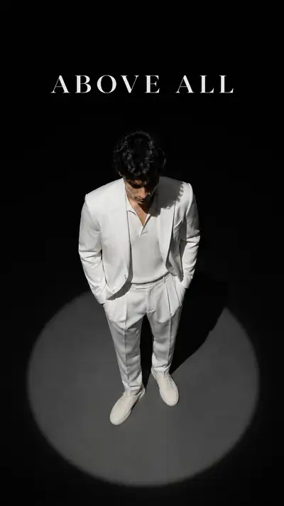 Monochrome white outfit spotlight fashion poster