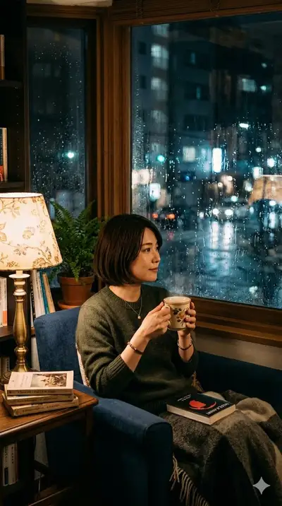 Cozy Rainy Night Portrait with Tea