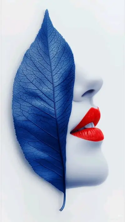 Surreal minimalist portrait merging a blue leaf with a face