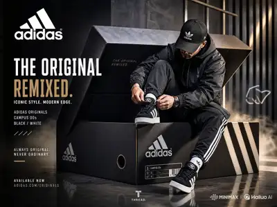 Streetwear campaign with a man sitting inside a giant sneaker box