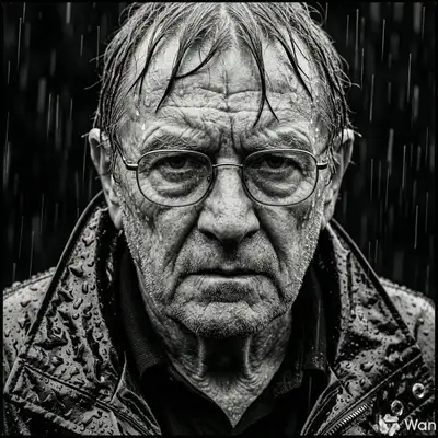 Weathered Elderly Male in Monochrome Rain