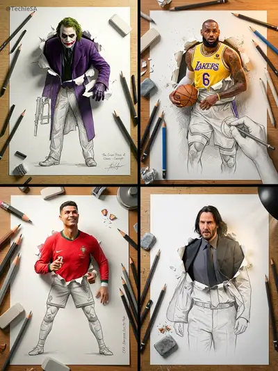 Trompe L'oeil Character Tearing Through Sketch Paper