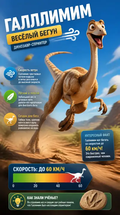 Cute Pixar style gallimimus fast runner infographic